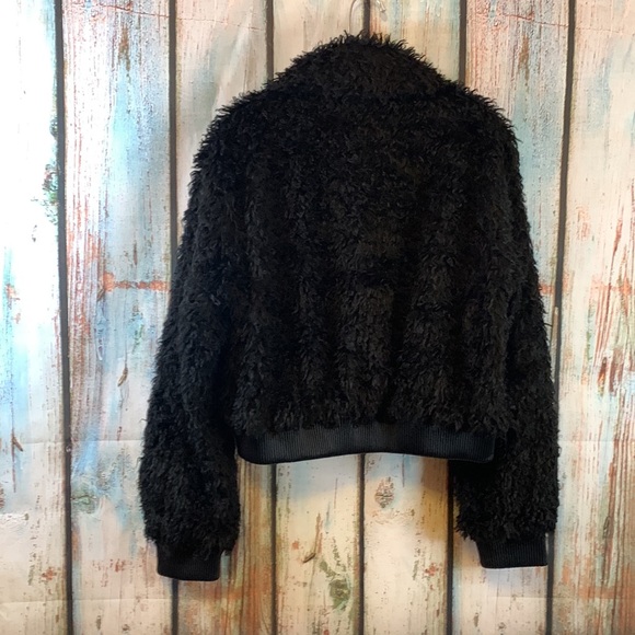 Zara Woman Faux Sheep Fur Black Coat with Faux Leather Accordion Trim XL - Picture 7 of 8